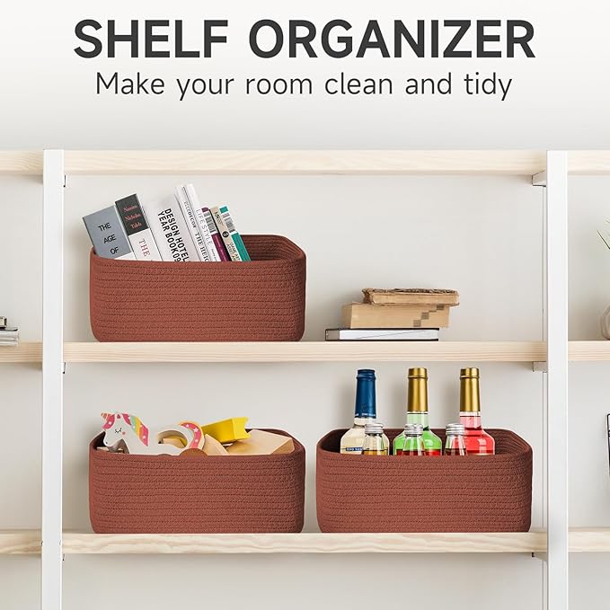 3-Pack Shelf Baskets for Organizing, Closet Organizer Bins, Small Woven Baskets, Rope Toy Basket, Storage Basket for Shelves,