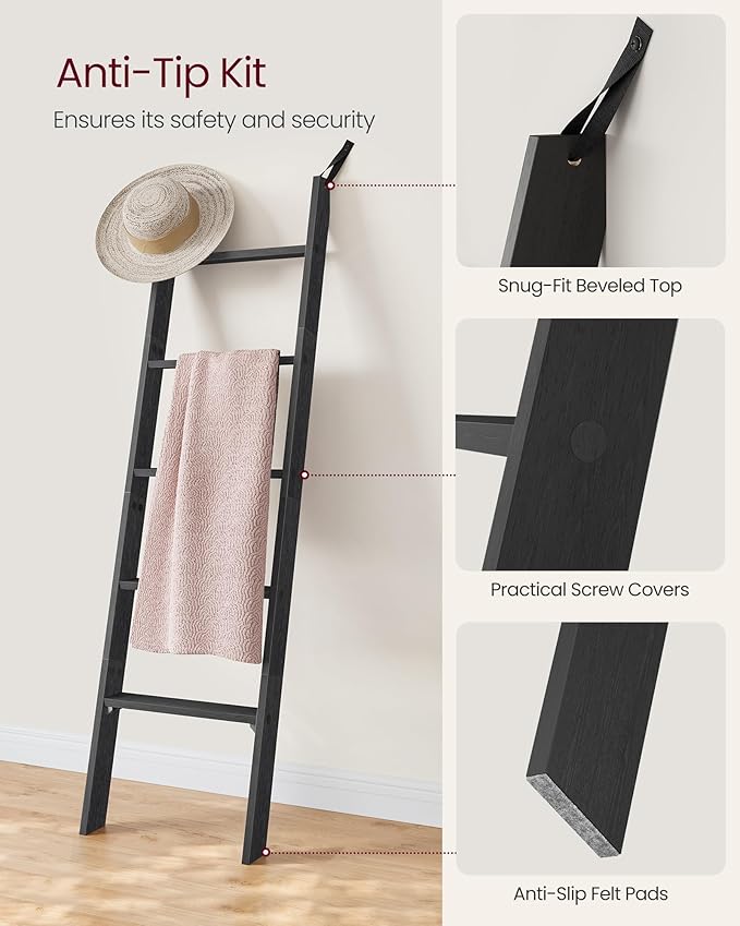 VASAGLE Blanket Ladder Decorative Farmhouse for The Living Room, 5-Tier Ladder Shelf, Ladder Rack for Storage and Decor, Ebon