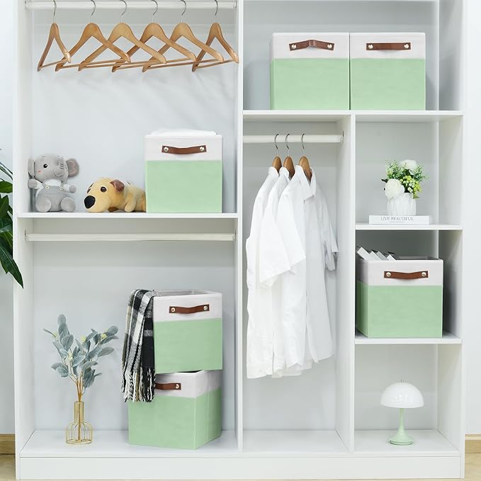 FinishingBo 6-Pack Storage Cubes with Handles & Label Holders Basket, Closet Cube Home Organizer Bins(White/Green, 10.5*10.5*