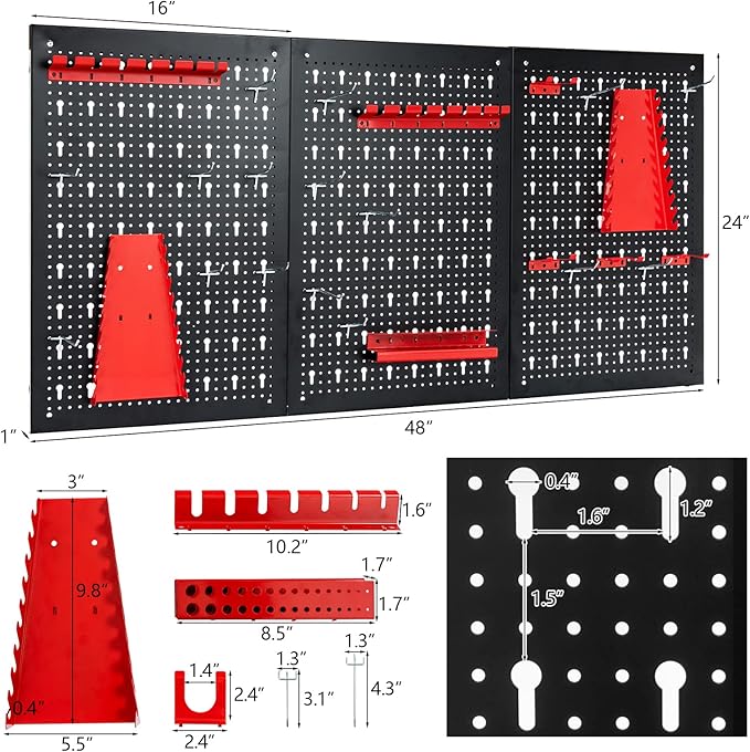Goplus Garage Pegboard Tool Organizer, 4ft Metal Pegboard Wall Organizer w/3 Pegboards, Drill Bit Rack, Wrench Rack, Hooks Ac