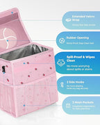 Corduroy Car Trash Can with Lid and Mesh Pockets - Leakproof Organizer,Multipurpose Waterproof Garbage Can/Trash Bin for Car(Pink/Red Strawberry Print-3 Gallons)