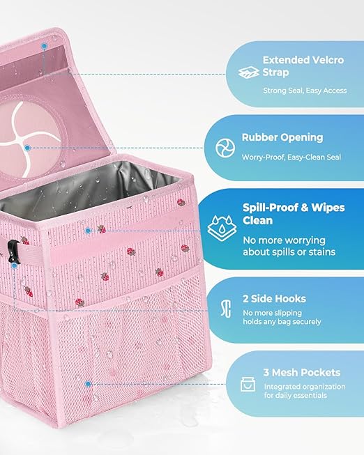 Corduroy Car Trash Can with Lid and Mesh Pockets - Leakproof Organizer,Multipurpose Waterproof Garbage Can/Trash Bin for Car(Pink/Red Strawberry Print-3 Gallons)