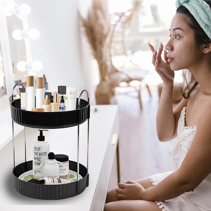 Rotating Makeup Organizer Countertop 2 Tier Lazy Susan Trays Spinning Skincare Perfume Storage for Bathroom Counter Vanity, B