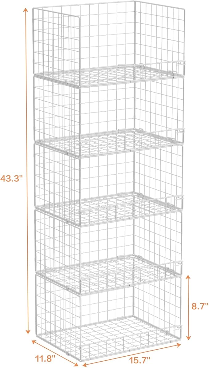 Yociyoga 5-Tier Stackable Closet Organizers and Storage Basket - Foldable Closet Shelf Organizer System, Space-Saving Clothes