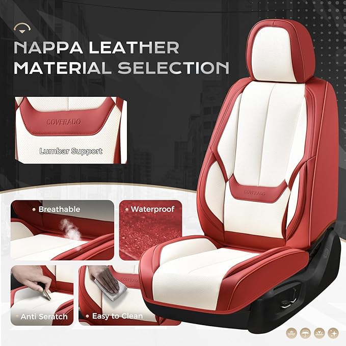 Coverado Car Seat Covers Full Set, Car Seat Protector Waterproof, Nappa Leather Car Seat Cushion, Seat Covers for Cars, Front