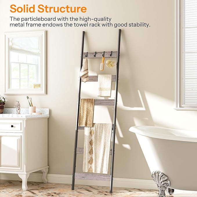 HOOBRO Blanket Ladder, 6-Tier Towel Rack with Hooks, Wall-Leaning Blanket Rack, Decorative Display Ladder Shelf, Scarves, Ind