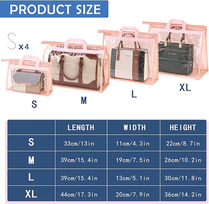 CINPIUK Handbag Dust Bags Clear Purse Storage Organizer for Closet Small to Extra Large Handbags Dust Free Bags Hanging Zippe