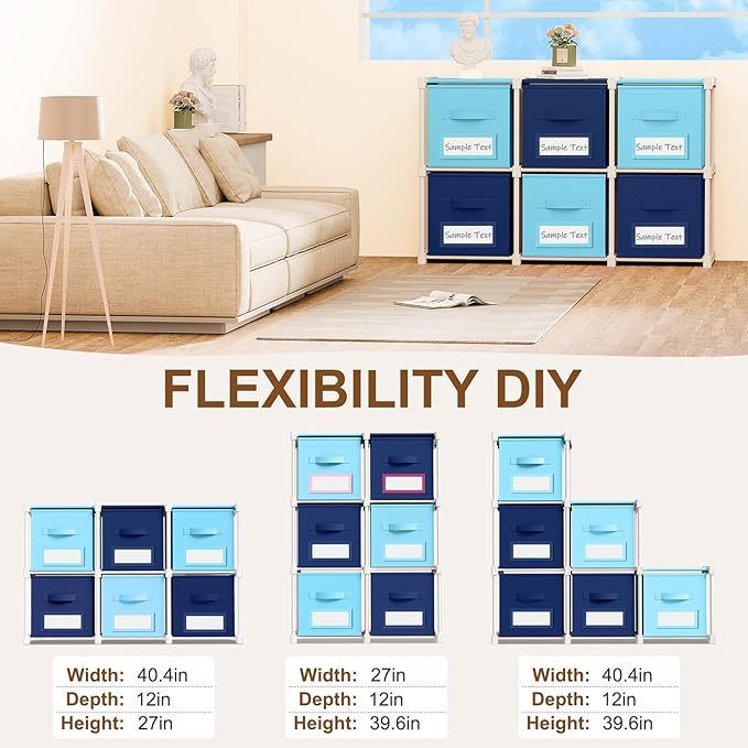 Geelin 6 Blue Cube Storage Organizer with Fabric Bins and Labels, 11 Inch Collapsible Toy Organizer Shelf Storage Bins Dresse