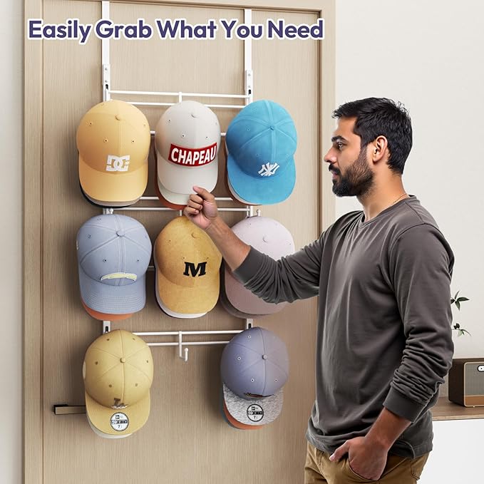 SWTYMIKI Over Door Hat Organizer - 3 Tier Metal Adjustable Wall Mounted Hat Rack with 9 Hooks Design, Hanging Baseball Cap Or