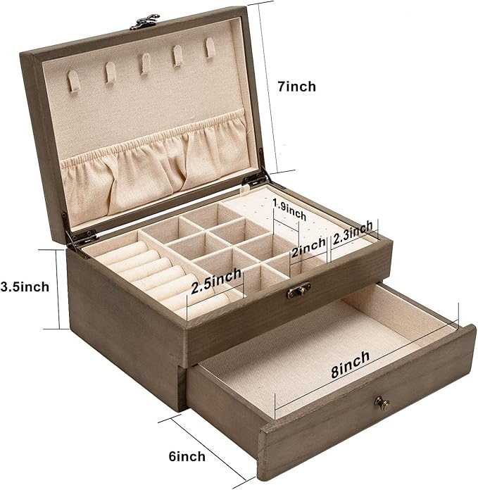 Pinzoveco Jewelry Box for Women, Rustic Wooden Jewelry Organizer Box for Storage Earrings Rings Necklace Bracelet, Farmhouse 