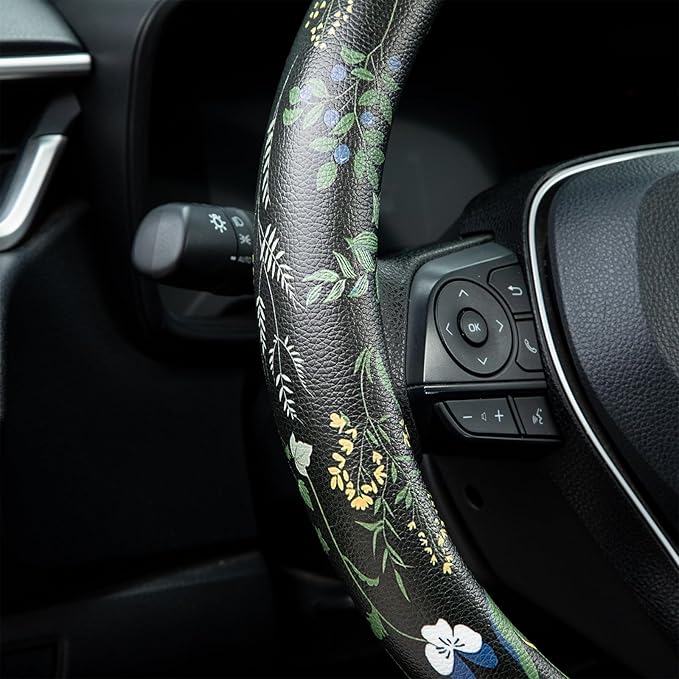 Boho Floral Steering Wheel Cover Auto Leather Steering Wheel Protector, Anti-Slip, Breathable, Absorbing Sweat, Universal Flo