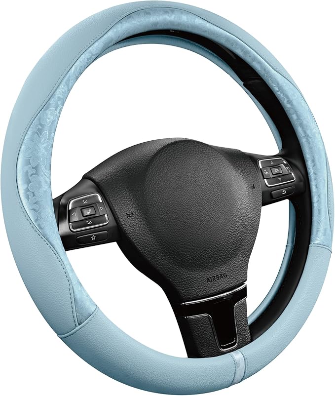 PIC AUTO Steering Wheel Cover, Light Blue Patterned Leather Patchwork Design, Universal Fit 14.5"–15.5", Anti-Slip, Odor-Free