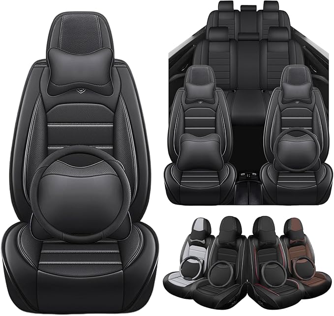 Seat Covers for Ford Expedition Max 2018-2026 8 Seaters, Compatible Airbag Non-Slip Waterproof Leather Seat Protector, Luxury Car Seat Cover Full Set with Pillow Steering Wheel Covers, Black