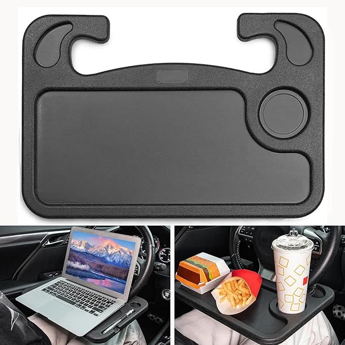 Car Steering Wheel Desk for Laptop and Eating – Multipurpose Rolling Tray Table, Portable Car Accessories for Travel, Work & Food, Universal Steering Wheel Under Table Console (Black)