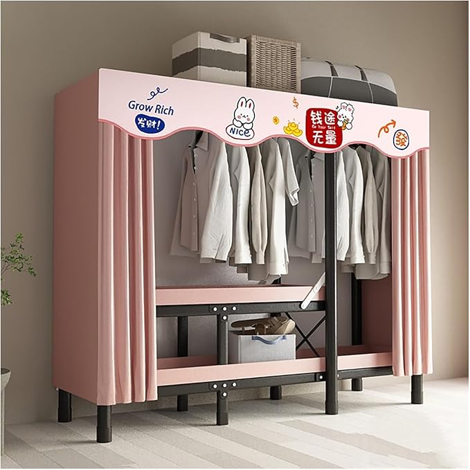 Portable Foldable Wardrobe Closet with Door - Metal Clothing Rack for Hanging Clothes, Space-Saving Coat Storage for Bedroom 
