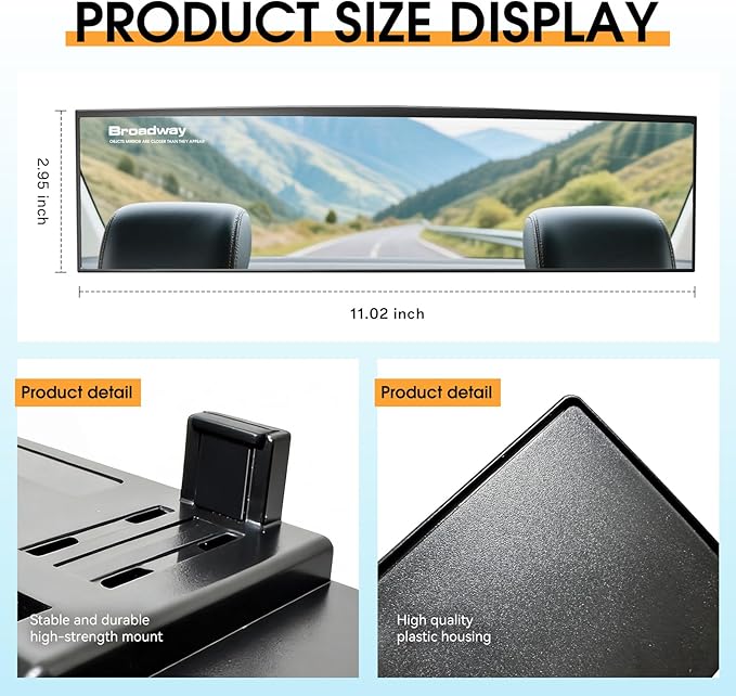 Broadway Panoramic Rear View Mirror Wide Angle Car Mirror Blind Spot Convex Rearview Mirror Essential Rear View Mirror Accessories for Cars SUV Trucks Vehicles (270mm-White)