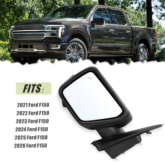 Left Driver Side Mirror Fits 2021-2026 Ford F150 With Power Folding Heated Blind Spot Turn Signal Puddle Light Temperature Sensor Memory Camera Matte Black Replace#ML3Z17683FF5YGY(18+1Pins)