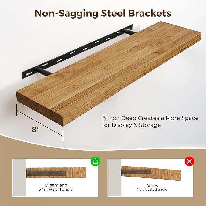 Dreamland 72 inch Floating Shelves for Wall Solid Elm Wood Wall Mounted Shelves|Rustic Long Floating Shelves with Invisible B