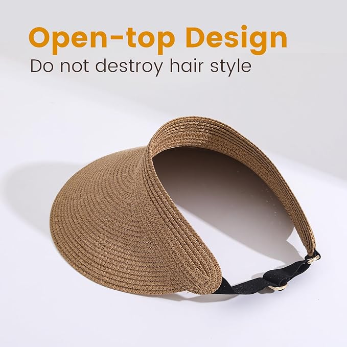 Sun Visor Hat for Women, Wide Brim Straw Summer UV Protection Hat, Foldable Roll-up Packable Beach Cap