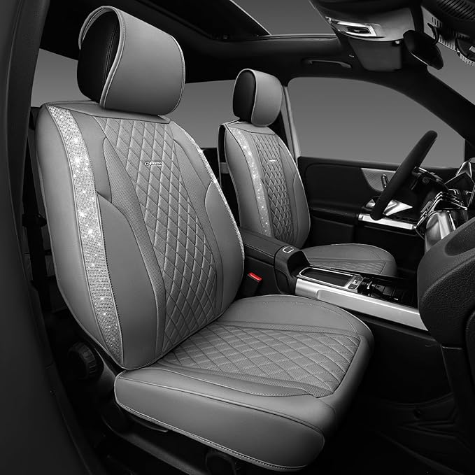 CAR PASS Gray Leather Bling Car Seat Covers Full Set, Luxury Microfiber Nappa PU Cushioned, Waterproof Anti-Slip Universal Fi