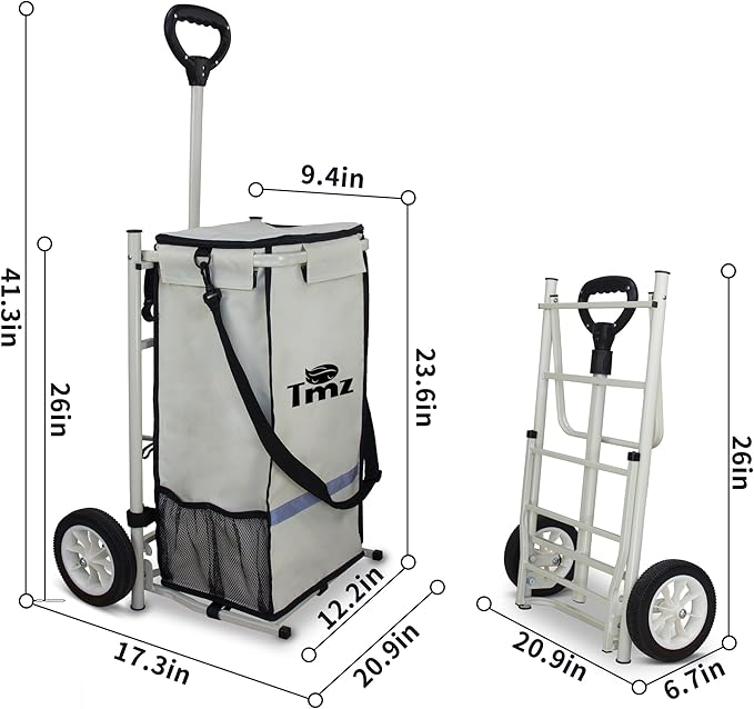 TMZ Heavy-Duty Foldable Shopping Cart with Removable Insulated Bag & Hooks - Lightweight 110 lbs Capacity Grocery Luggage Cart for Market, Travel, Laundry (Beige)