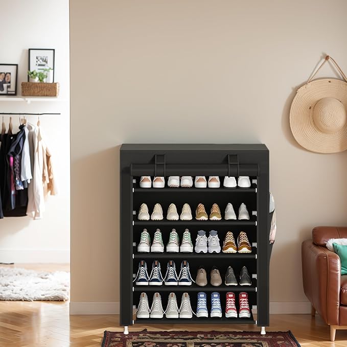 Laiensia 5-Tier Vertical Shoe Rack Organizer, Space Saving Shoe Storage Organizer, Non-Woven Cover Shoe Shelf Holds 20-25 Pai