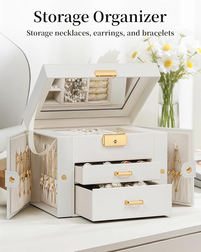 TORIBIO Jewelry Box for Women, Leather Jewelry Organizer with Mirror & Lock, 3-Tier Jewelry Storage Organizer with 2 Drawers 