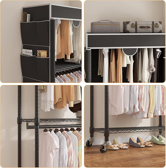 Homdox Garment Rack with Cover, Heavy Duty Clothing Rack for Hanging Clothes, Portable Closet Wardrobe, Double Rods Garment R