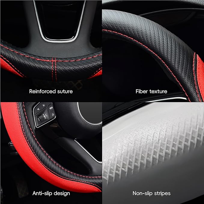 LABBYWAY Microfiber Leather Auto Car Steering Wheel Cover, Universal 15 Inch Anti-Slip Wheel Protector, Red