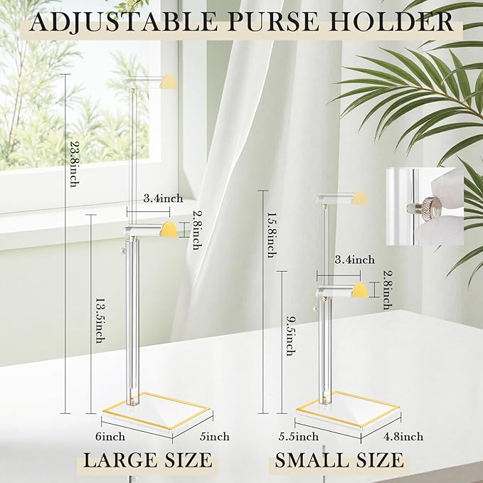 2 Pack Acrylic Handbag Display Stand, Gold Trim Clear Purse Holder 14"-24" Adjustable Height Thicken Anti-slip Base, Purse Ra