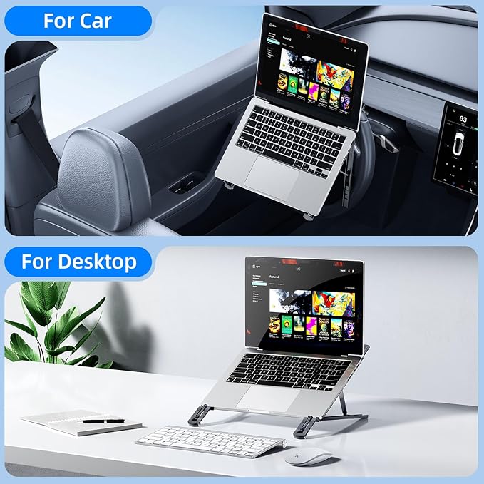 Angle Adjustable Car Steering Wheel Laptop Holder,Foldable Laptop Stand for car,Metal Car Laptop Riser | Car Reading Stand | Car Tablet Holder, Multipurpose Travel Car Accessories (Gray)