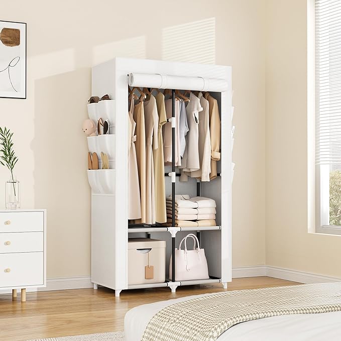 VTRIN Portable Closet Wardrobe Closet for Hanging Clothes with 4 Storage Shelves, 2 Hanging Rods and 6 Pockets, Stable and Ea