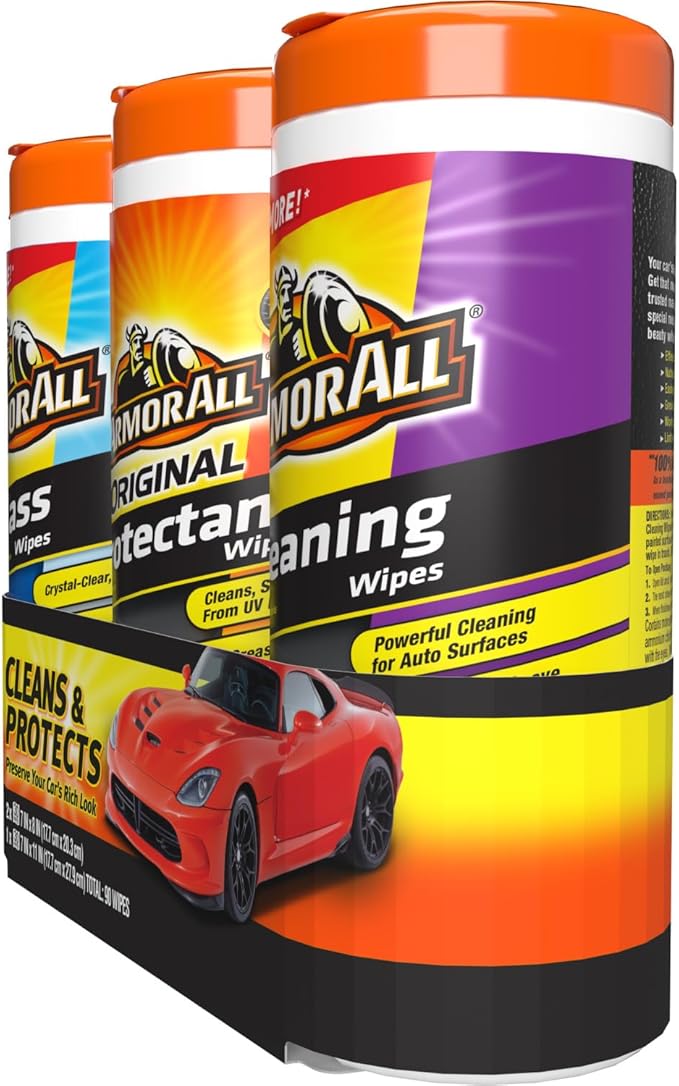 Armor All Protectant, Glass and Cleaning Wipes, Wipes for Car Interior and Car Exterior, 30 Count Each (Pack of 3)