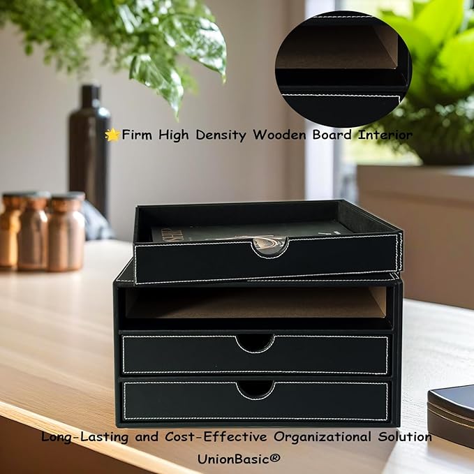 UnionBasic Document Organizer, 3-Drawer File Cabinet Document Storage Box, Office Desktop Filing Organizer, Black with White 