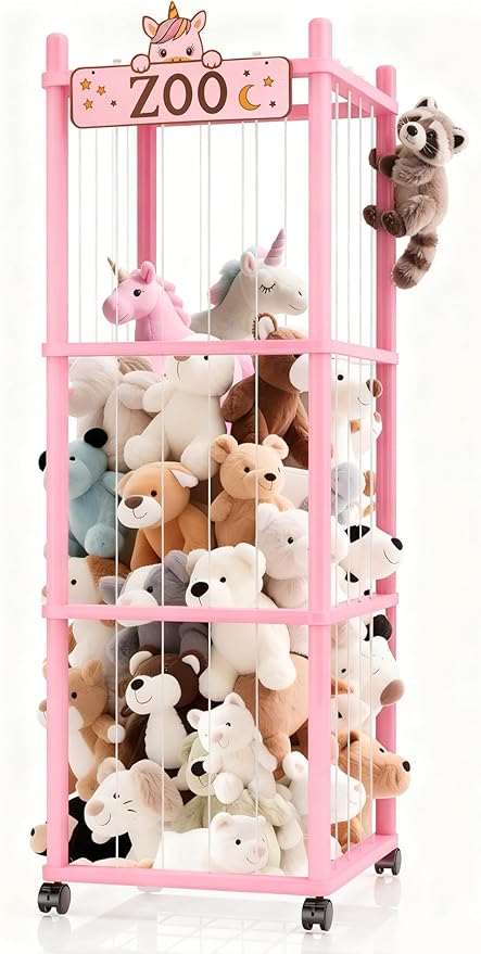 Stuffed Animal Storage Zoo Tower,56In Wooden Large Stuffed Animal Holder Organizer with Wheels,Stuffy Plushies Storage with E