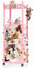 Stuffed Animal Storage Zoo Tower,56In Wooden Large Stuffed Animal Holder Organizer with Wheels,Stuffy Plushies Storage with E