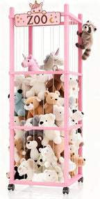 Stuffed Animal Storage Zoo Tower,56In Wooden Large Stuffed Animal Holder Organizer with Wheels,Stuffy Plushies Storage with E