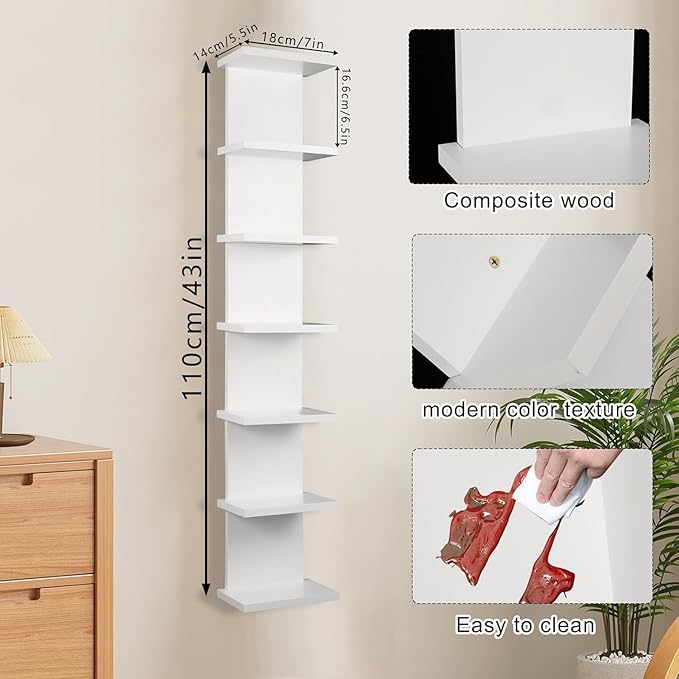 2 Pack 7 Tier Wall Shelf Unit 43" White Lack Wall Shelf Display Floating Shelves for Storage Vertical Column Tower Design Flo