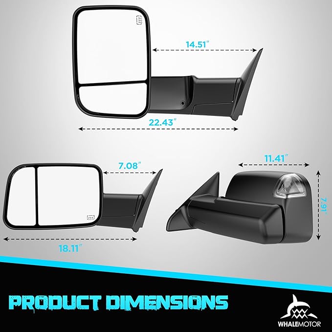 Power Heated Tow Mirrors Compatible with 2019-2024 Dodge Ram 1500 Only (Not fit Classic), Manual Flip & Fold Tow Side Mirrors w/Blind Spot Detection, Turn Signal, Puddle Light, Temp Sensor