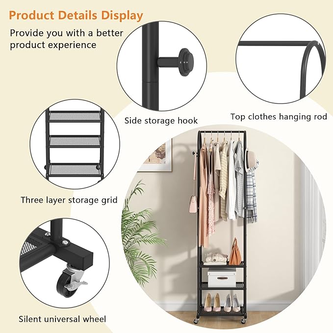 Kaitiemoo Heavy Duty Clothing Rack with Wheels,Modern Garment Rack with 3 Metal Shelves, 71.8Inches Display Rack for Hanging 