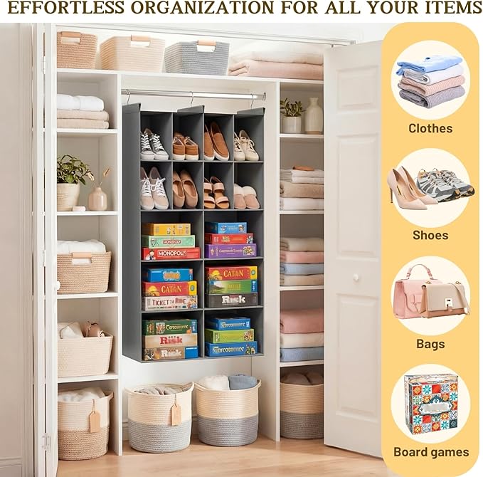 Ofiray-home 5 Tier Hanging Closet Organizer, 14 Compartments Sweater Organizer for Closet with 3 Sturdy Hooks, Closet Organiz