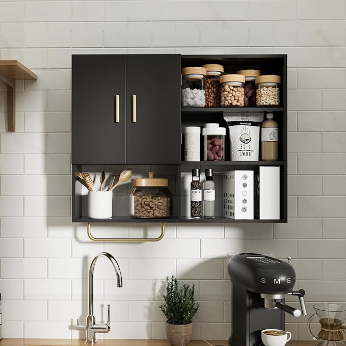 Bathroom Wall Cabinet Wood Large Wall Mounted Medicine Cabinet with 2 Doors and 4 Open Shelves Over Toilet Storage Cabinet Or