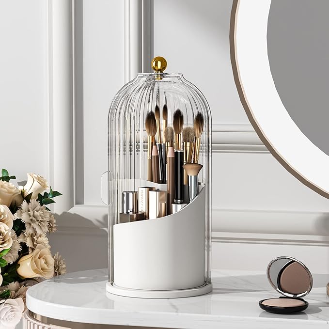 YOOLENS Makeup Brush Holder with Lid 360 Rotating Clear Dustproof Make Up Organizers for Vanity Bathroom Countertop, Transpar
