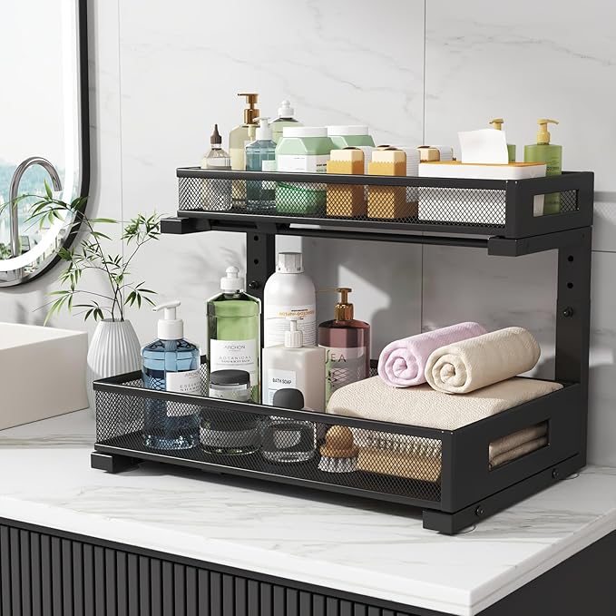 2 Pack 17IN Depth Under Sink Storage Organizer, Large 2-Tier Elegant Mesh Pull Out Shelf for Kitchen and Bathroom Cabinet Org