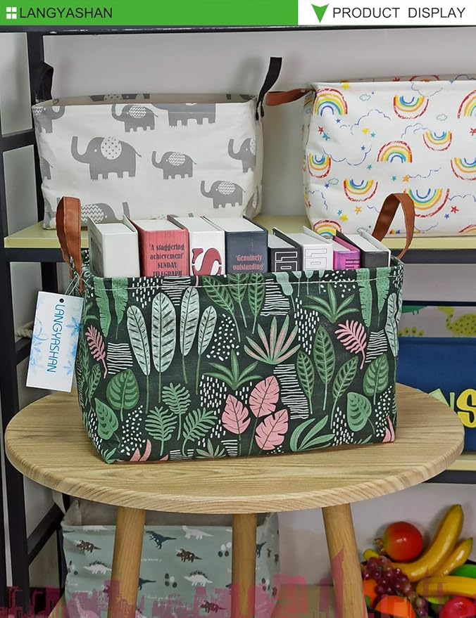 LANGYASHAN Rectangular Storage Bin Collapse Canvas Fabric Cartoon Storage Basket with Handles for Organizing Home Kitchen Boy