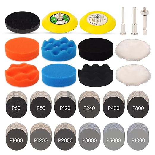 145pcs 3 inch Sandpaper Polishing Kit for Headlight Restoration, 60 to 10000 Grit Wet Dry Sanding Dicsc with Drill Buffing Pa