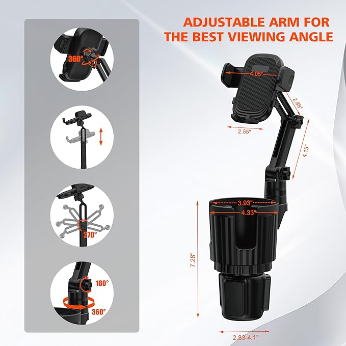 Newlest 2 in 1 Phone Mount for Car Cup Holder with Adjustable Base, Holders for Car Cupholder, No Shaking 360° Flexible Neck 