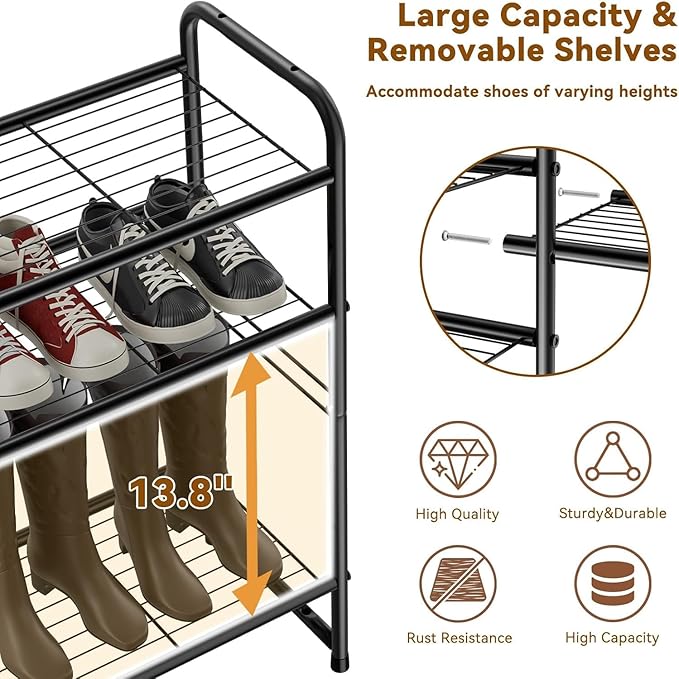 4 Tier Shoe Rack, 32.5" Wide Stackable Sturdy Metal Shoe Shelf Storage Organizer with Height-Adjustable for Entryway, Closet,