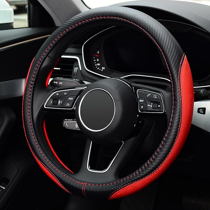 LABBYWAY Microfiber Leather Auto Car Steering Wheel Cover, Universal 15 Inch Anti-Slip Wheel Protector, Red
