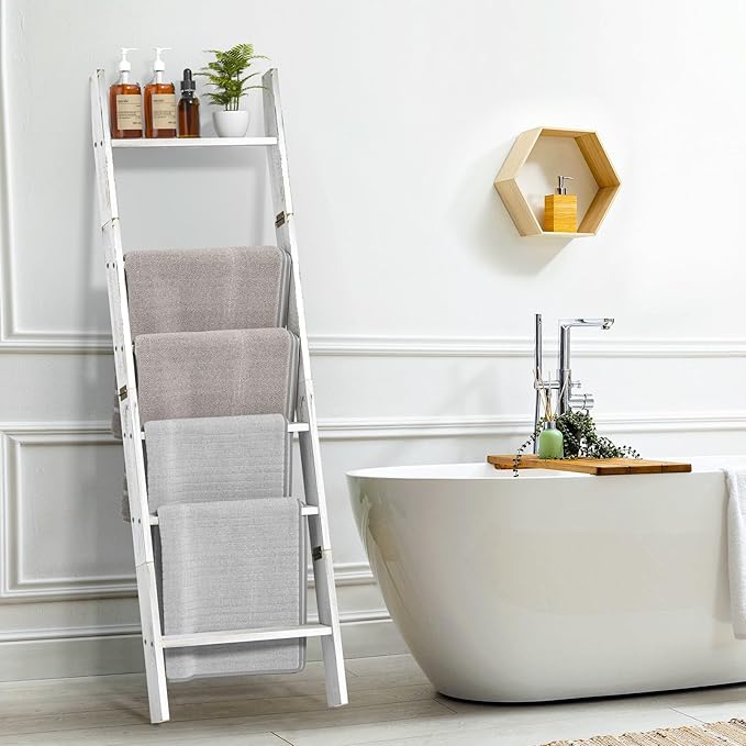 Honest Blanket Ladders for The Living Room, 6-Tier Blanket Holder, Wall-Leaning Blanket Rack, Ladder Shelves, Wooden Quilt La